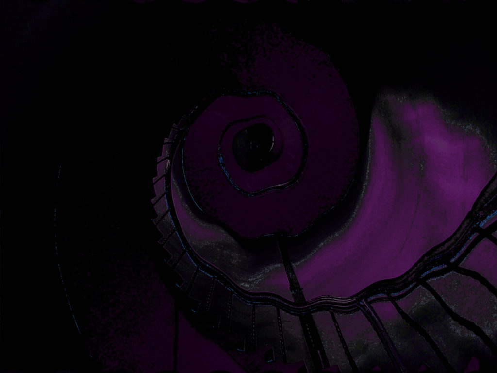 A spiral staircase with a wavy, winding pattern leading upwards. It has a dark, purple overlay.