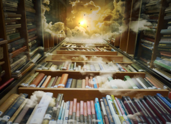 Image of a bookcase with an open ceiling above it extending towards the skies representing The Akashic Records, a compendium of all human events, thoughts, words, emotions, and intent ever to have occurred in the past, present, or future.